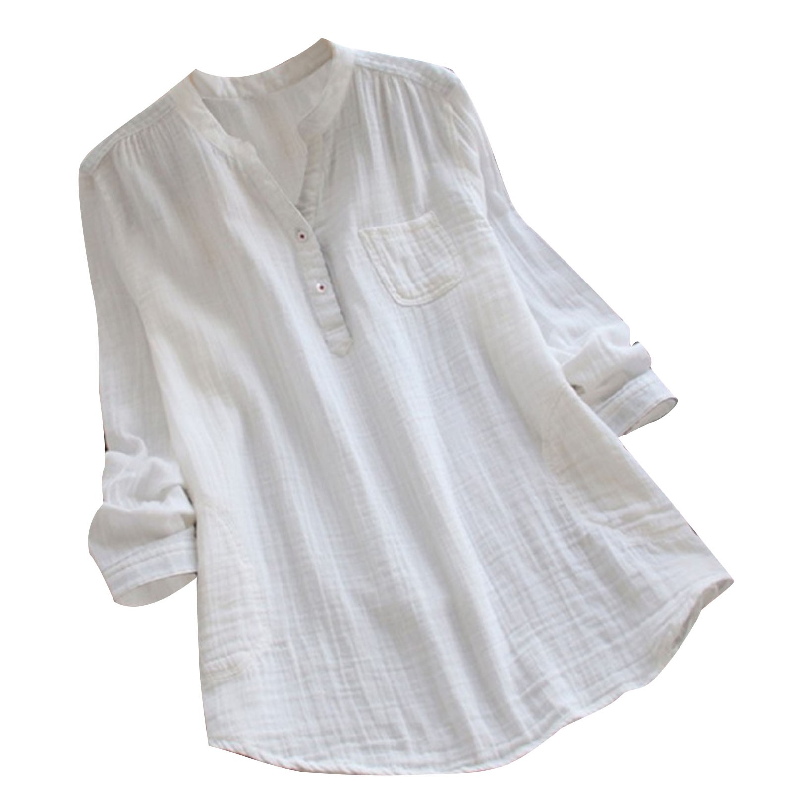 Tuphregyow Women's Tunic Clearance Long Sleeve Cotton Linen Tops Outdoor Travel Blouse Solid Classic Trendy Notch V Neck Button Up Tops New Style Breathable White XXXXL